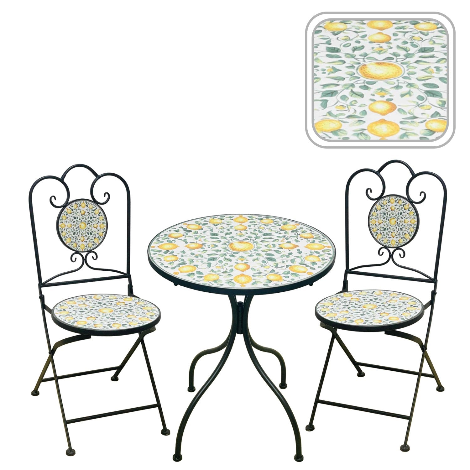Set mobilier gradina Lemonia 3 piese, masa si 2 scaune pliabile, mozaic decorativ, metal, multicolor