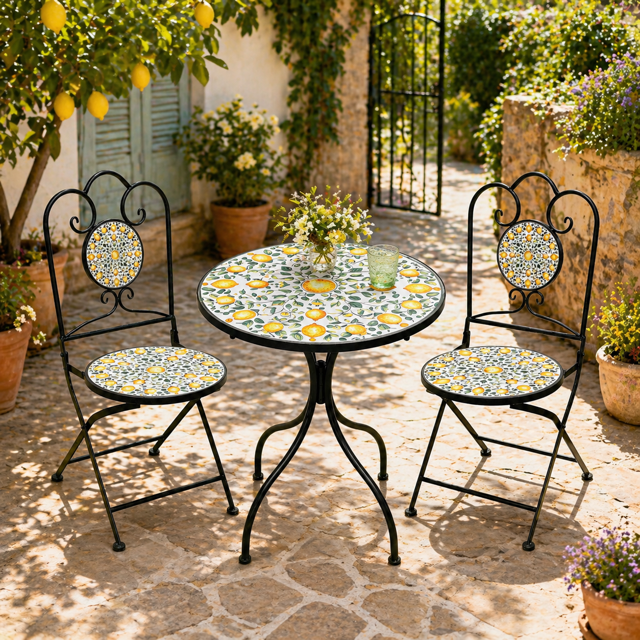Set mobilier gradina Lemonia 3 piese, masa si 2 scaune pliabile, mozaic decorativ, metal, multicolor