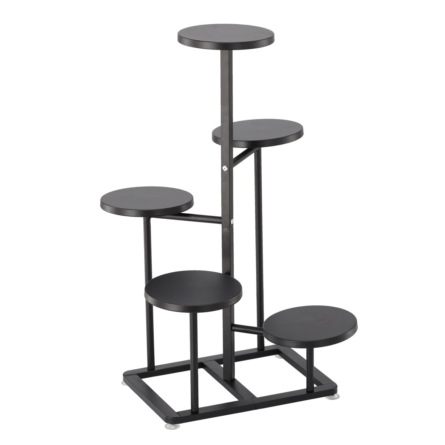 Suport pentru flori cu structura metalica, 5 niveluri, cu rafturi rotunde, 47x47x80 cm, negru