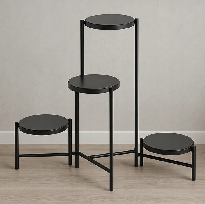 Suport pentru flori cu structura metalica, 4 niveluri, cu rafturi rotunde, 60x43x60 cm, negru