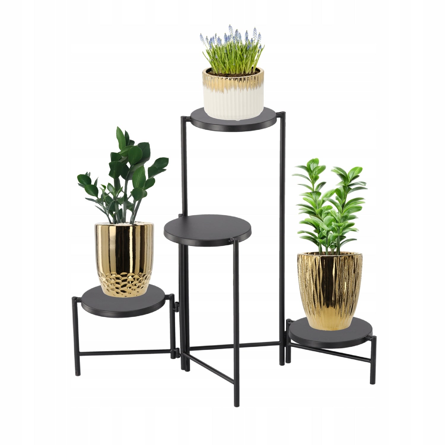Suport pentru flori cu structura metalica, 4 niveluri, cu rafturi rotunde, 60x43x60 cm, negru