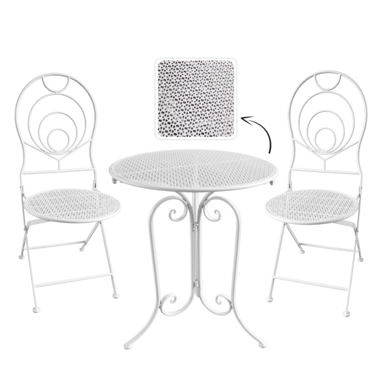 Set mobilier gradina metalic Linda, masa 60x60x70 cm si 2 scaune 39x39x94 cm, stil vintage, alb mat