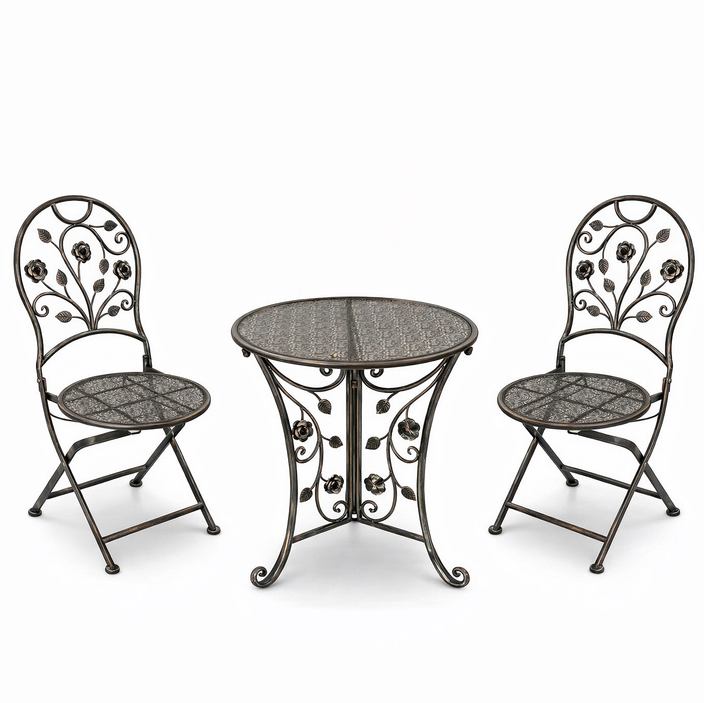 Set mobilier gradina metalic Madison, masa 60x60x70 cm si 2 scaune 40x40x94 cm, stil vintage, bronz