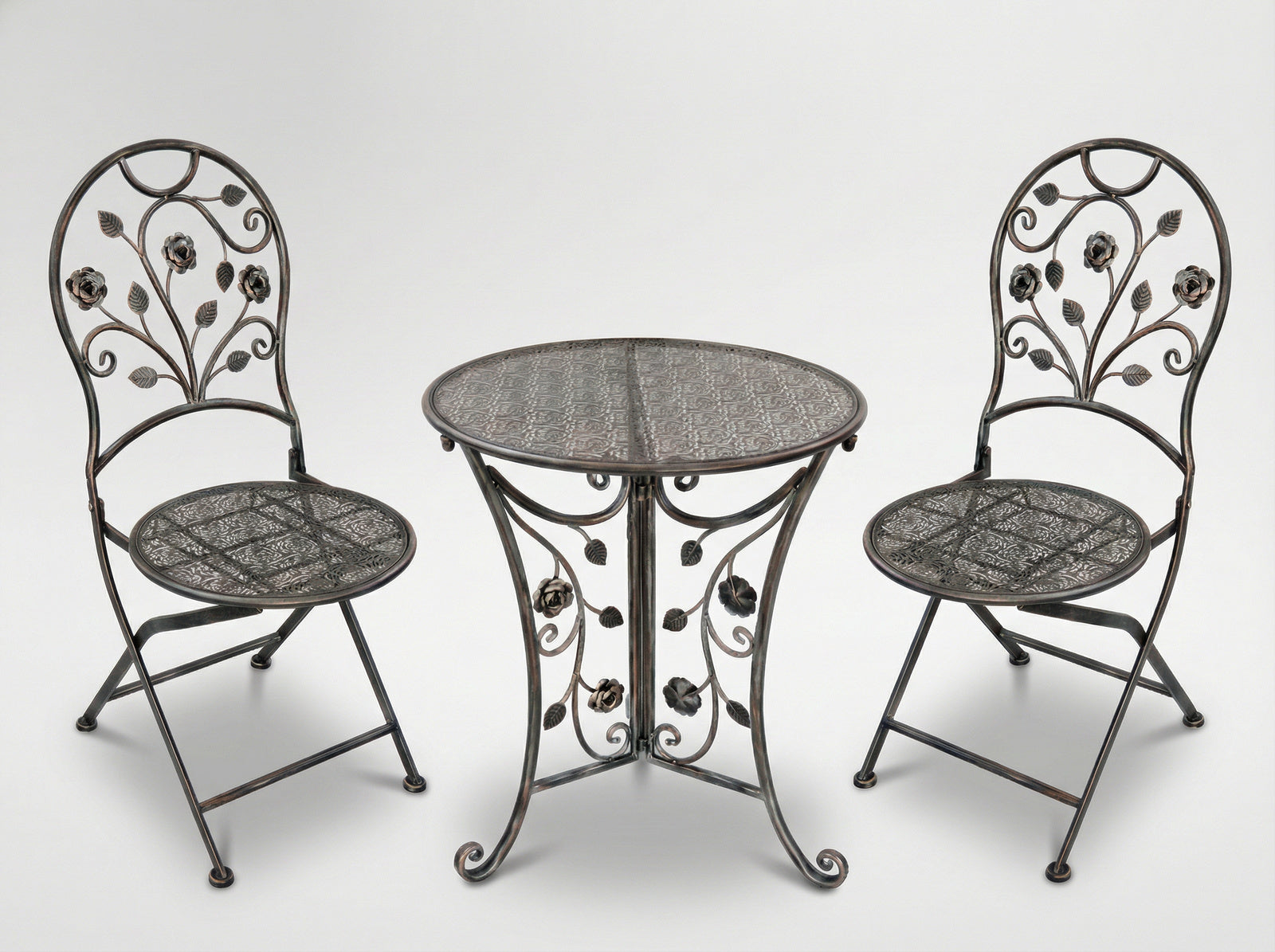 Set mobilier gradina metalic Madison, masa 60x60x70 cm si 2 scaune 40x40x94 cm, stil vintage, bronz