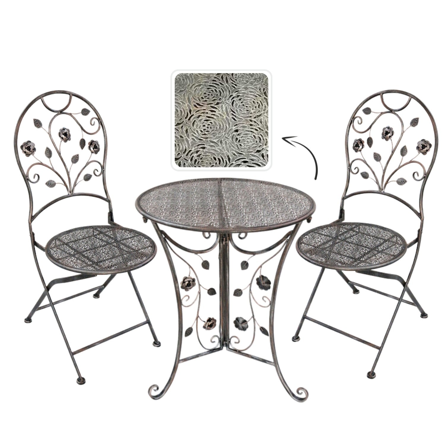 Set mobilier gradina metalic Madison, masa 60x60x70 cm si 2 scaune 40x40x94 cm, stil vintage, bronz