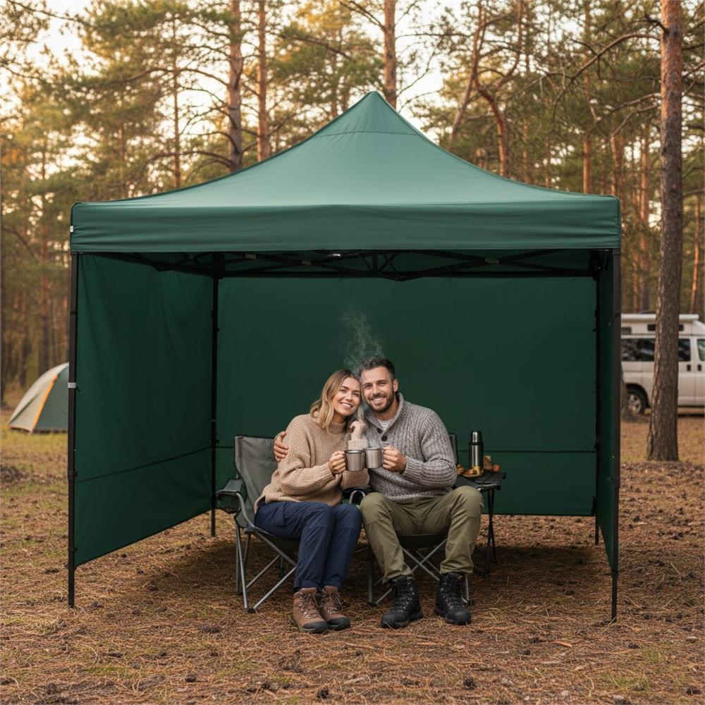 Pavilion pliabil gradina 3x3 m cu acoperis impermeabil si 3 pereti laterali, structura metalica, inaltime reglabila, verde