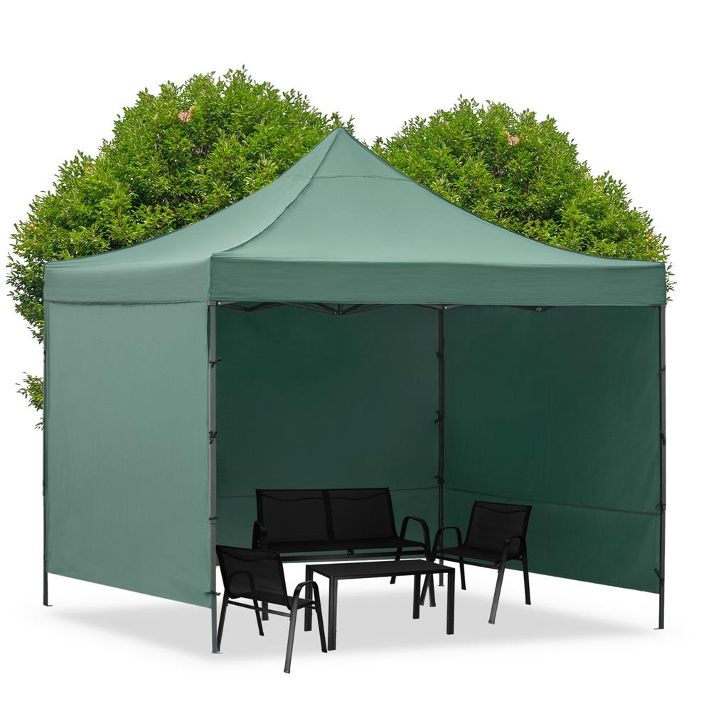 Pavilion pliabil gradina 3x3 m cu acoperis impermeabil si 3 pereti laterali, structura metalica, inaltime reglabila, verde