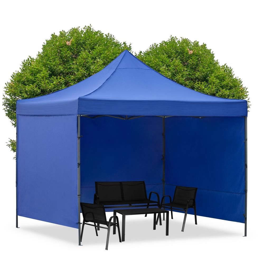 Pavilion pliabil gradina 3x3 m cu acoperis impermeabil si 3 pereti laterali, structura metalica, inaltime reglabila, albastru