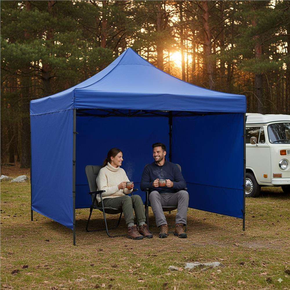 Pavilion pliabil gradina 3x3 m cu acoperis impermeabil si 3 pereti laterali, structura metalica, inaltime reglabila, albastru