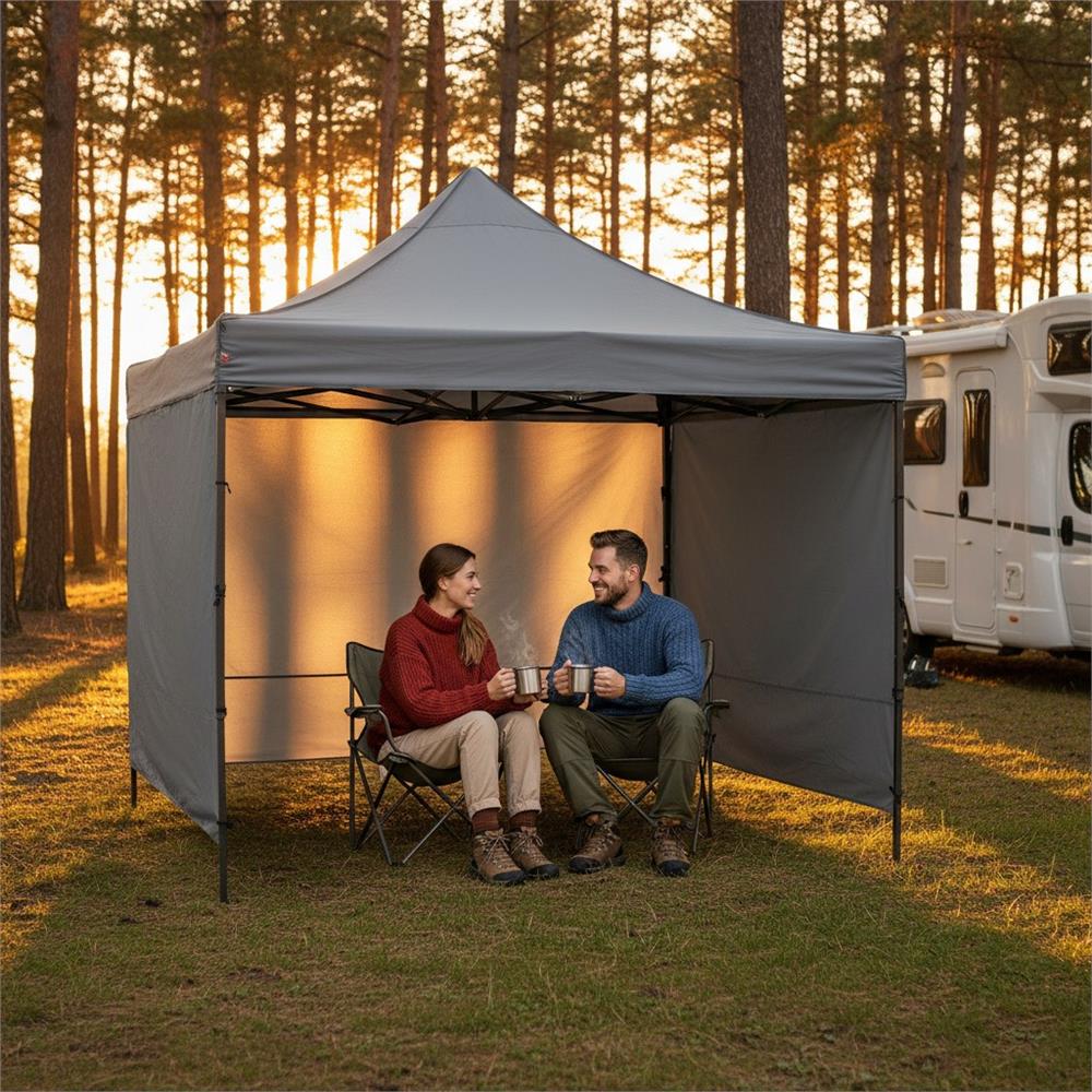 Pavilion pliabil gradina 3x3 m cu acoperis impermeabil si 3 pereti laterali, structura metalica, inaltime reglabila, gri