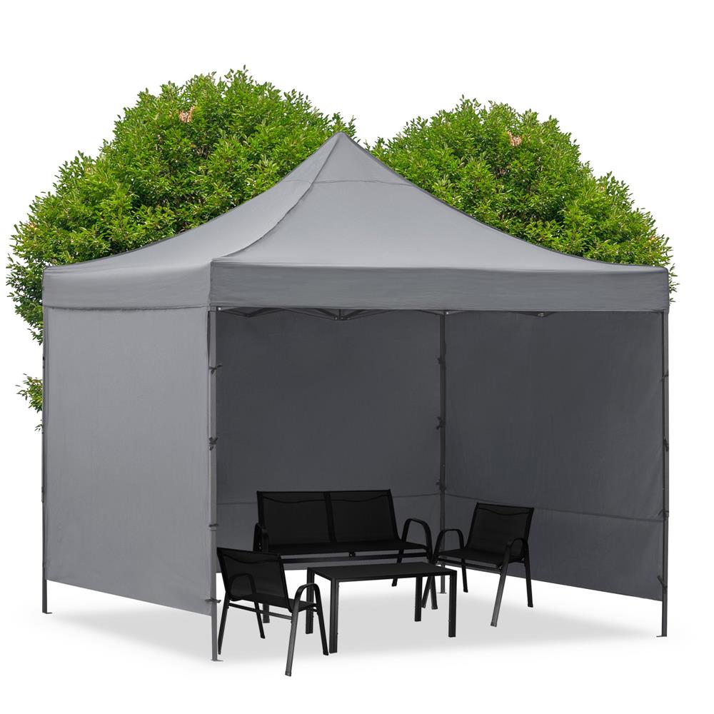 Pavilion pliabil gradina 3x3 m cu acoperis impermeabil si 3 pereti laterali, structura metalica, inaltime reglabila, gri
