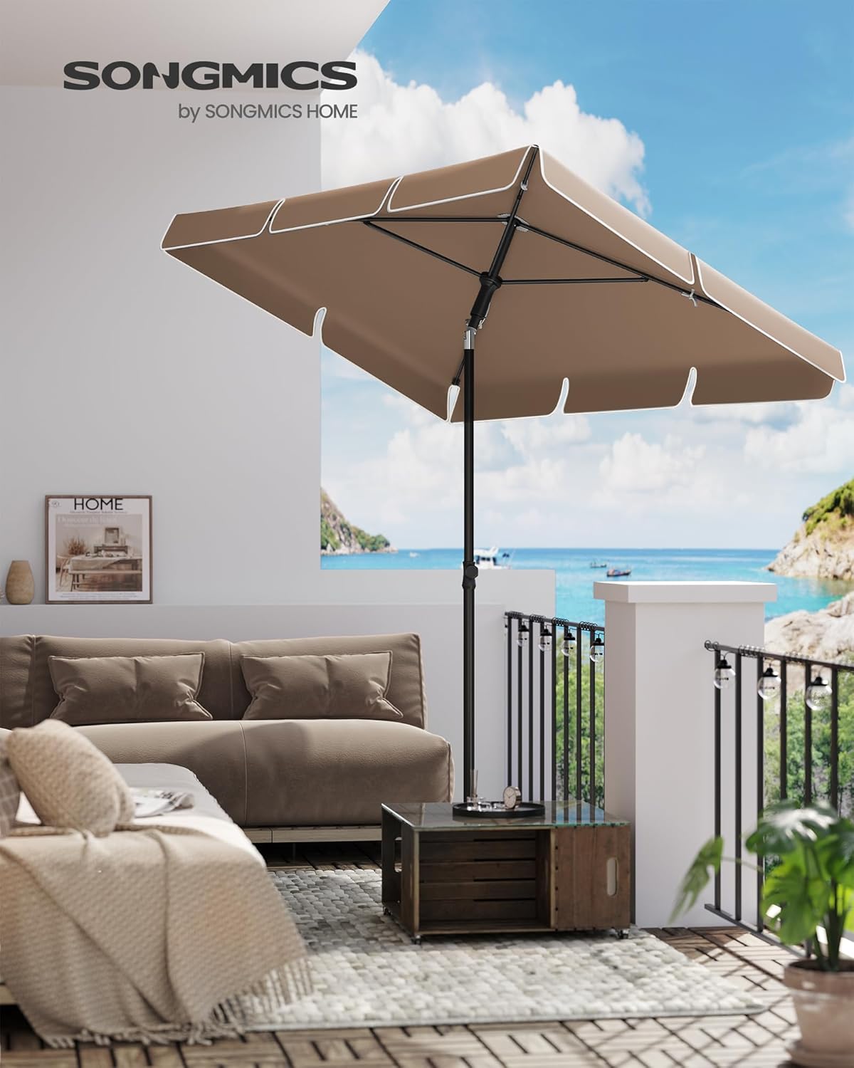 SONGMICS Umbrela terasa gradina sau plaja, cu inclinare 2 directii, protectie UV UPF 50+, husa inclusa, 200x125cm, maro taupe