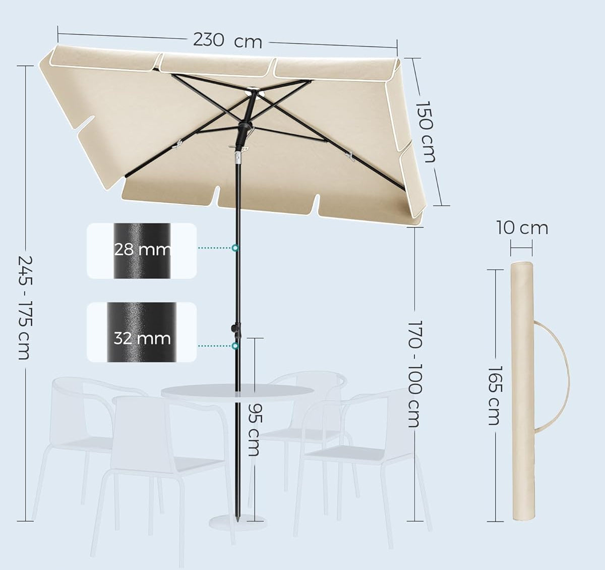 SONGMICS Umbrela terasa sau gradina reglabila, inclinare 2 directii, protectie UV UPF 50+, husa inclusa, 230x150 cm, bej