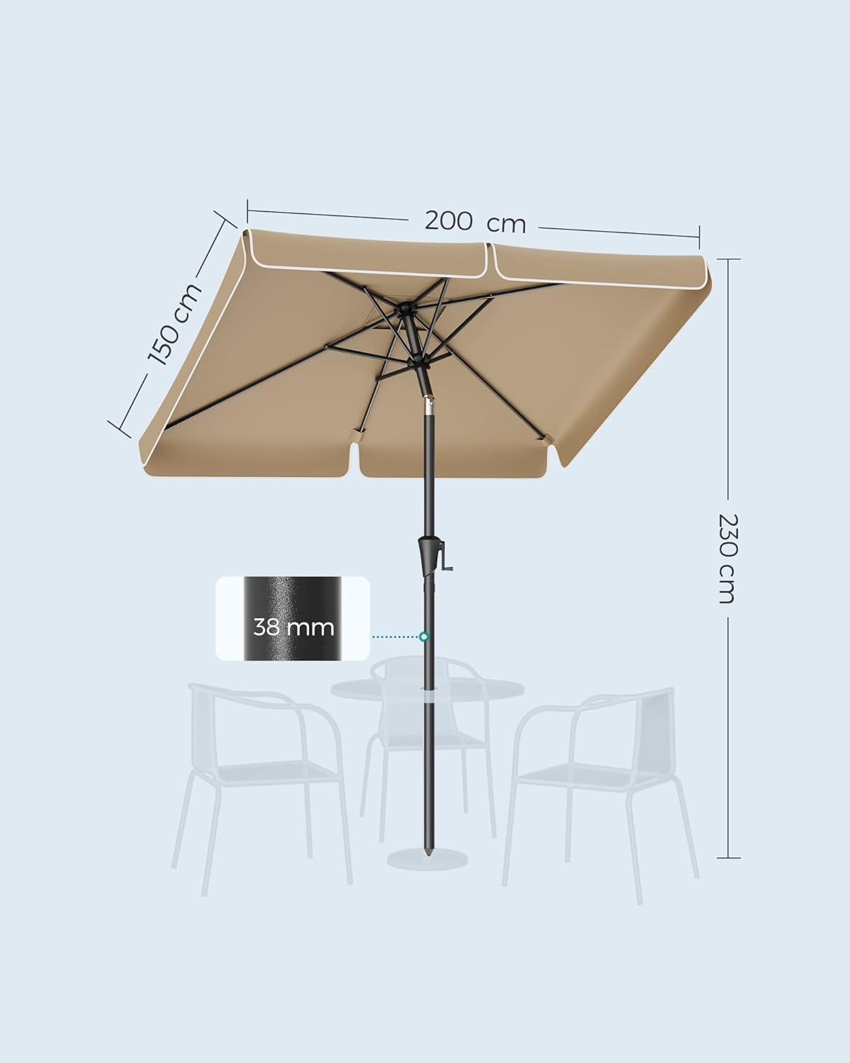 SONGMICS Umbrela de gradina cu manivela, 200x150 cm, UPF 50+, inclinare 30°, structura metalica, maro taupe