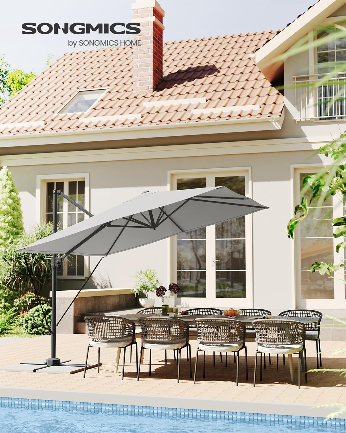 SONGMICS Umbrela de gradina cu manivela tip pendul 270x270 cm, UPF 50+, rotire 360°, inclinare reglabila, gri deschis