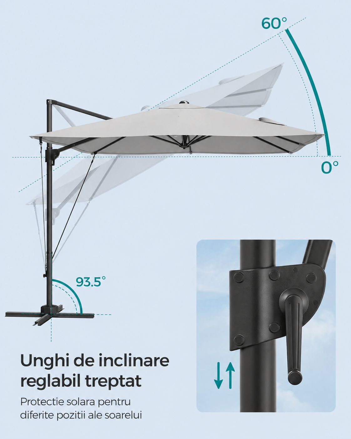SONGMICS Umbrela de gradina cu manivela tip pendul 270x270 cm, UPF 50+, rotire 360°, inclinare reglabila, gri deschis