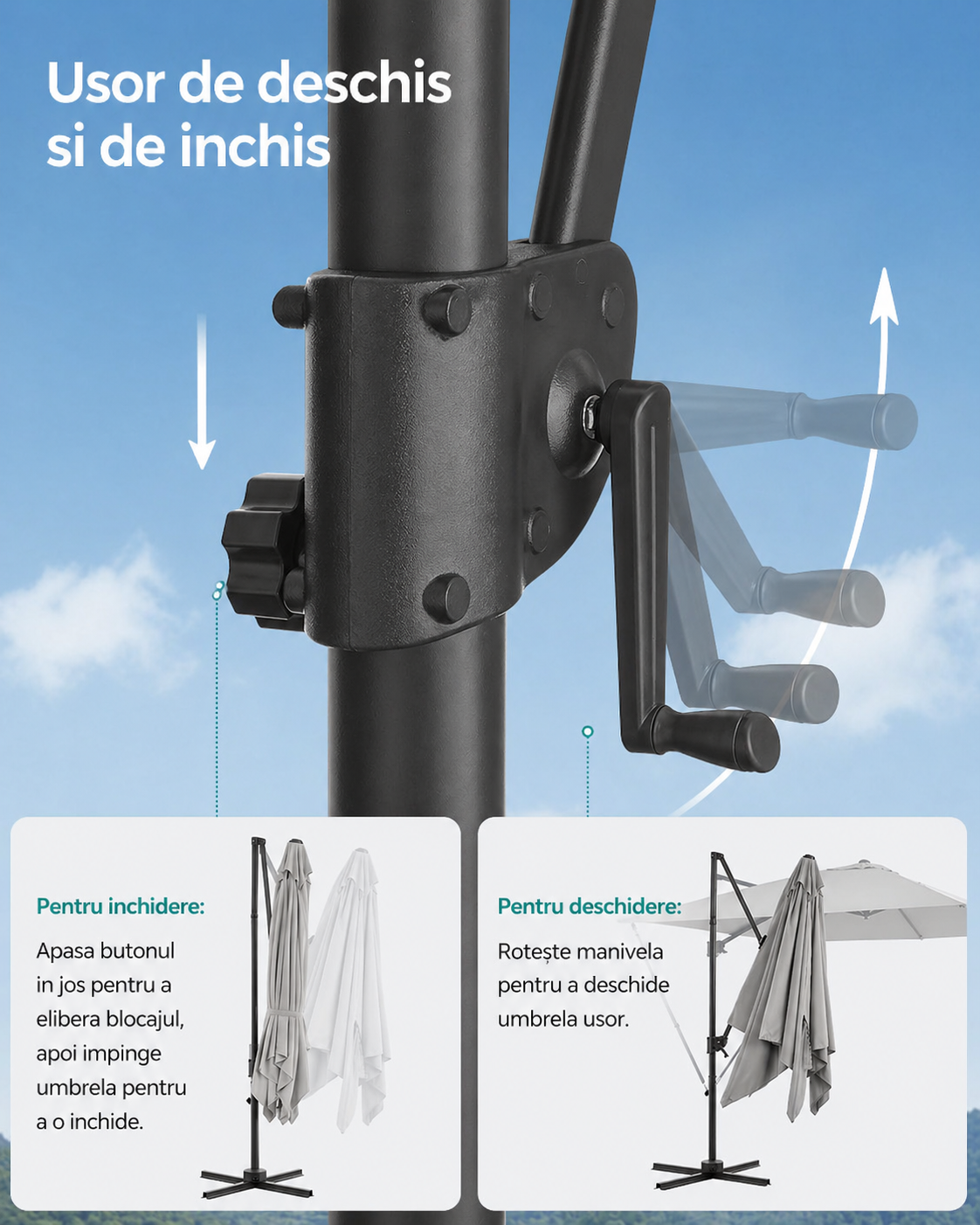 SONGMICS Umbrela de gradina cu manivela tip pendul 270x270 cm, UPF 50+, rotire 360°, inclinare reglabila, gri deschis