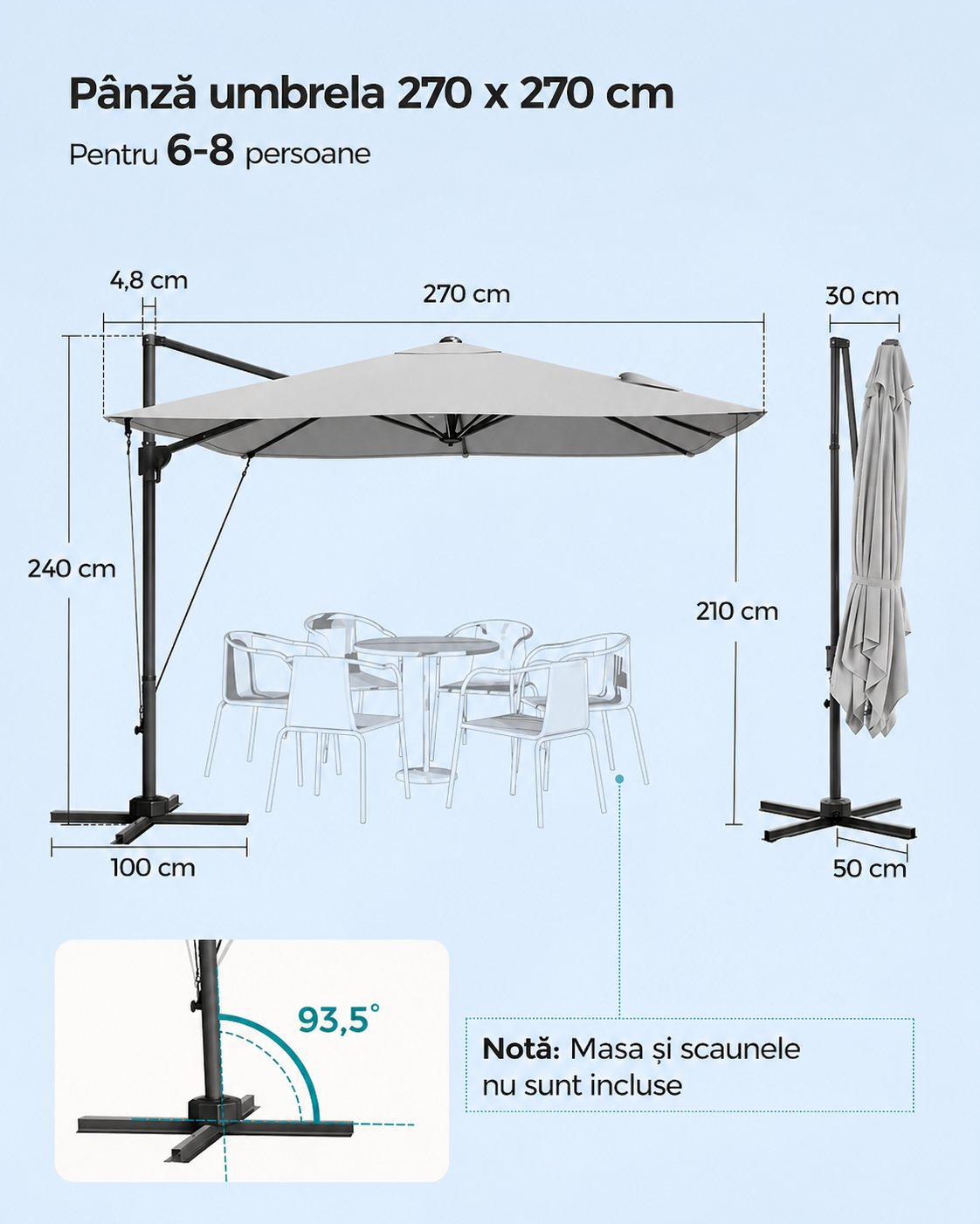 SONGMICS Umbrela de gradina cu manivela tip pendul 270x270 cm, UPF 50+, rotire 360°, inclinare reglabila, gri deschis