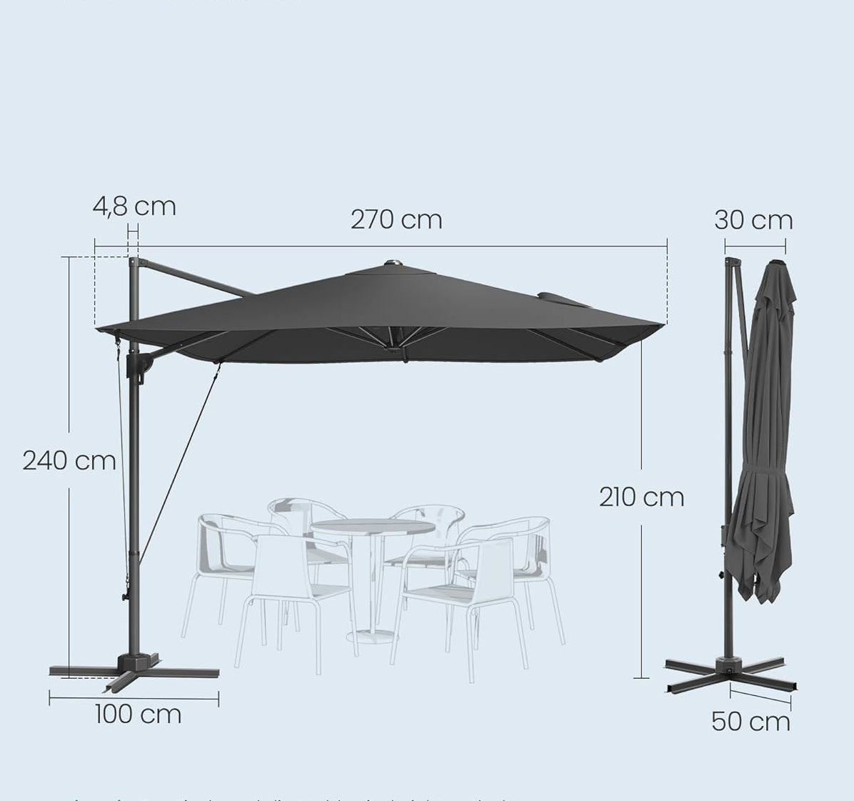 SONGMICS Umbrela de gradina cu manivela tip pendul 270x270 cm, UPF 50+, rotire 360°, inclinare reglabila, gri