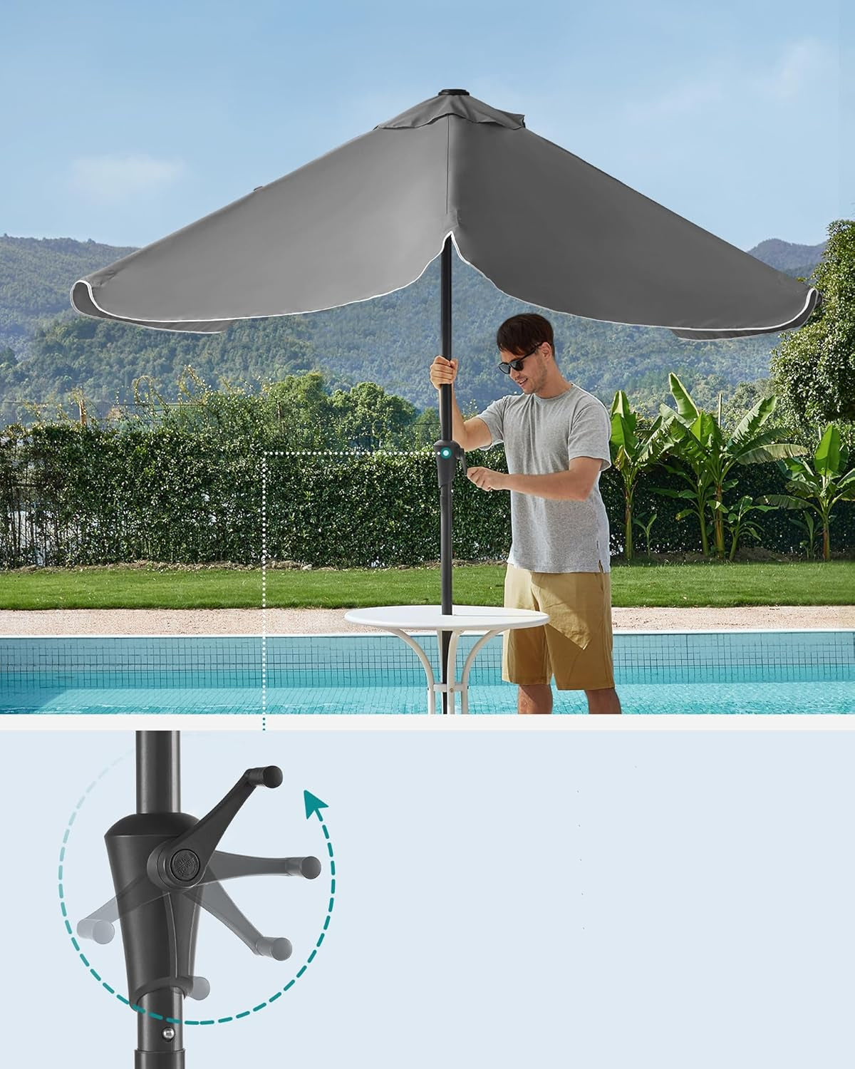 SONGMICS Umbrela de gradina cu manivela, UPF 50+, inclinare 30°, structura metalica, 300x200 cm, gri