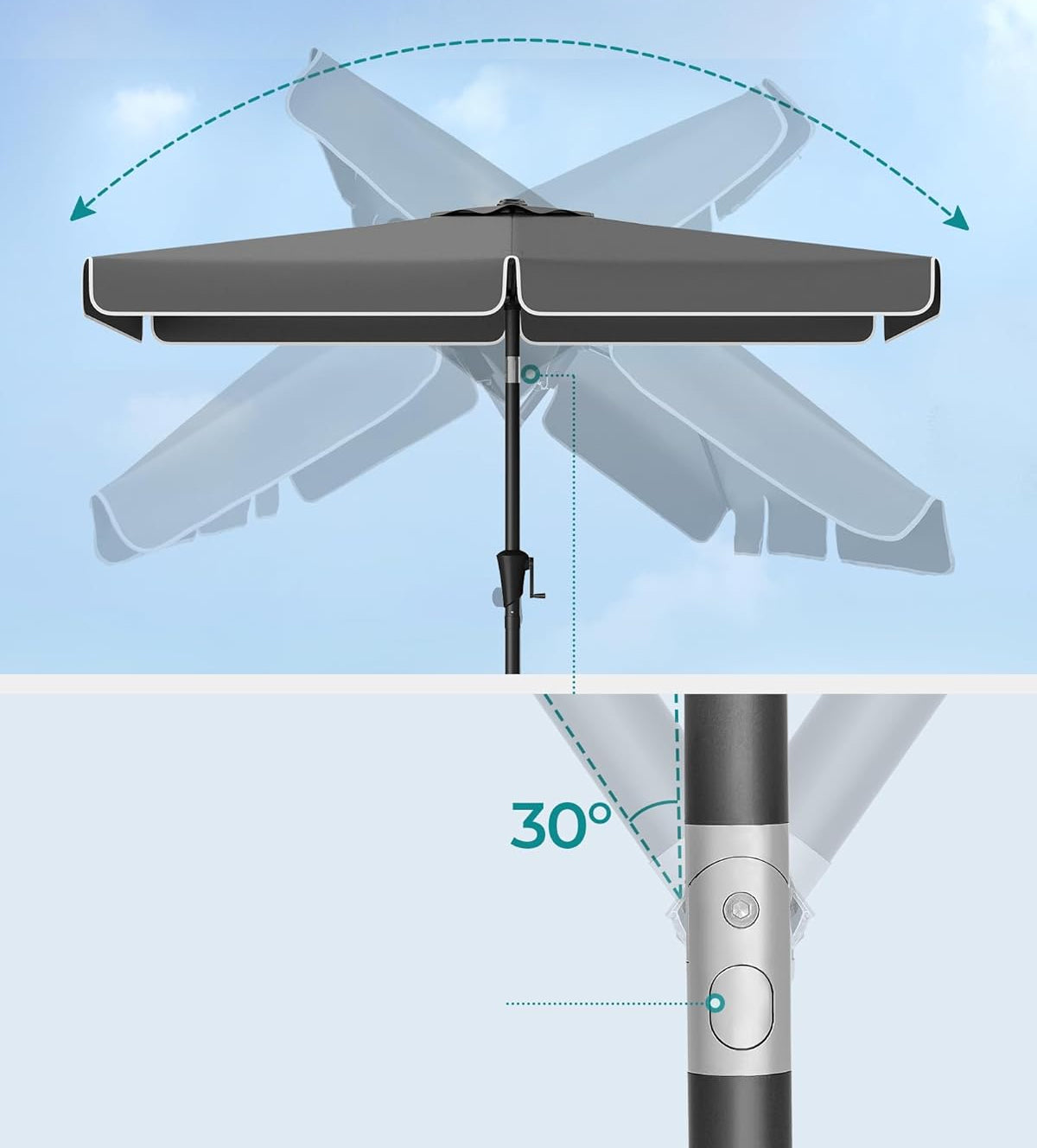 SONGMICS Umbrela de gradina cu manivela, UPF 50+, inclinare 30°, structura metalica, 300x200 cm, gri