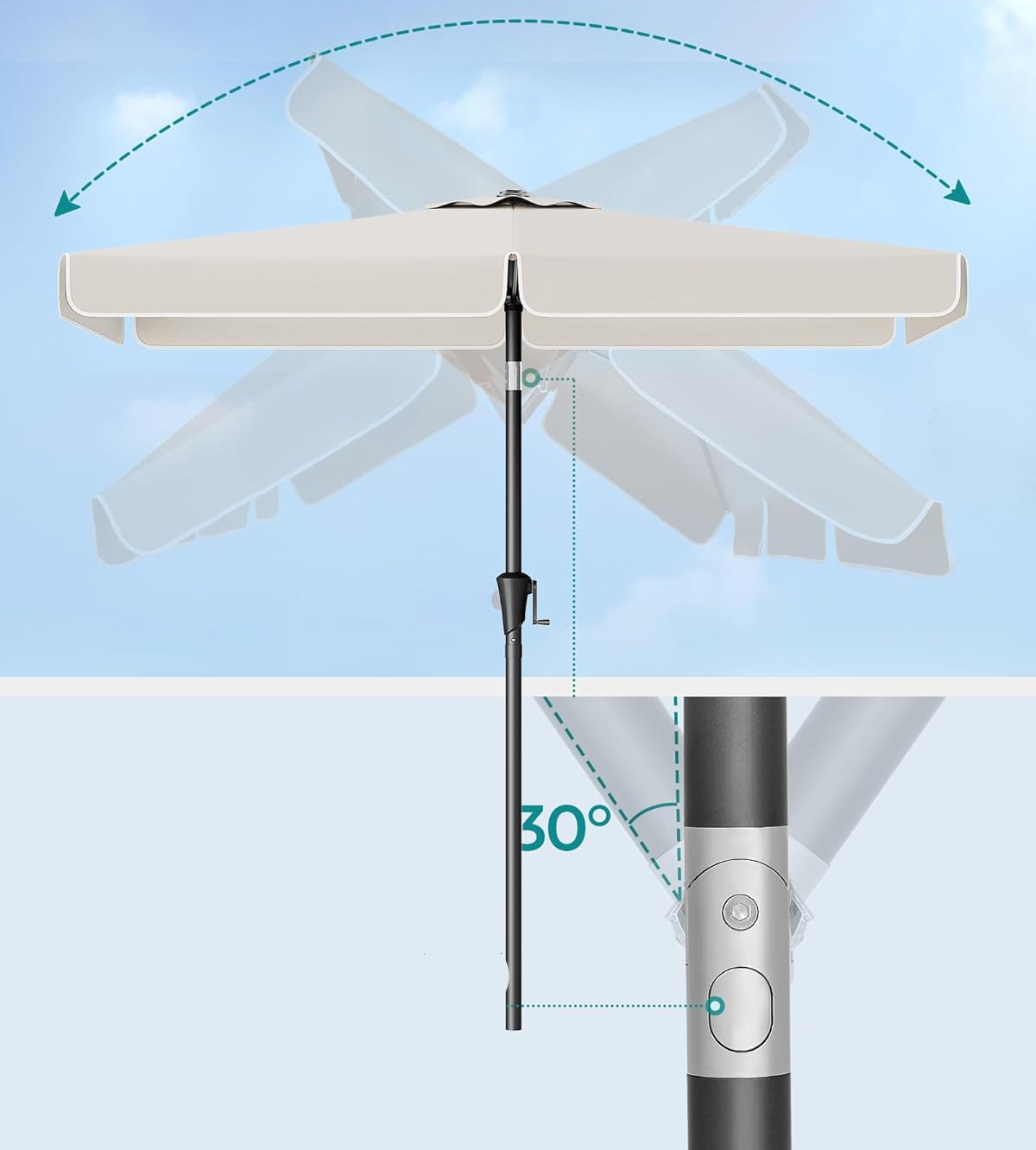SONGMICS Umbrela de gradina cu manivela, UPF 50+, inclinare 30°, structura metalica, 300x200 cm, bej