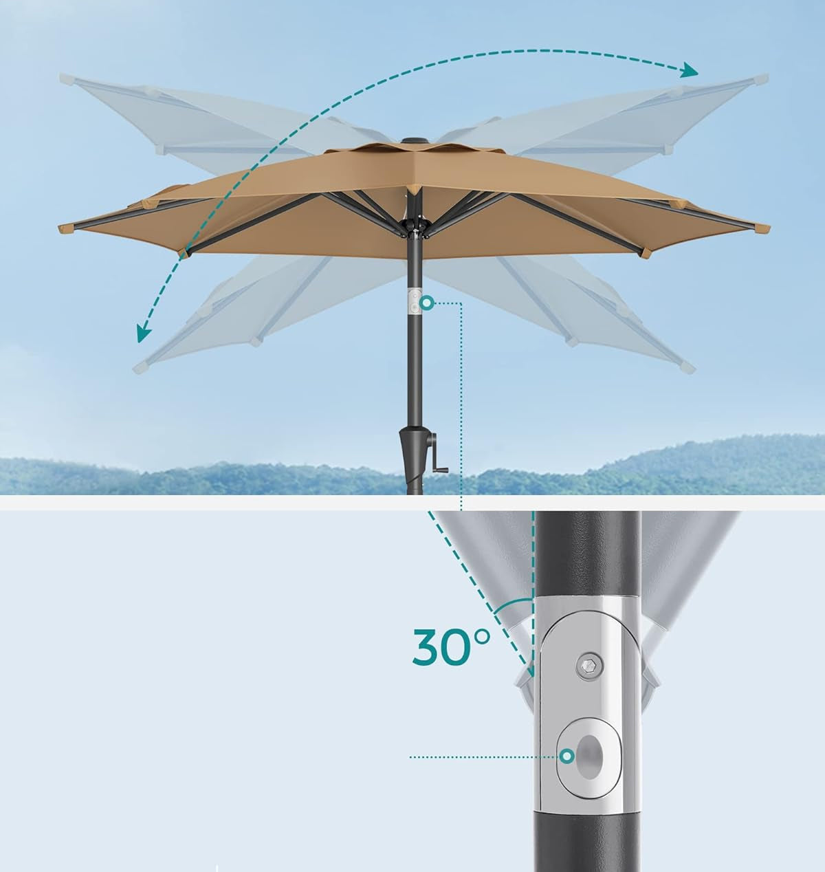 SONGMICS Umbrela de gradina 200 cm, inclinare dubla 30°, poliester UPF 50+, cadru metalic, maro taupe
