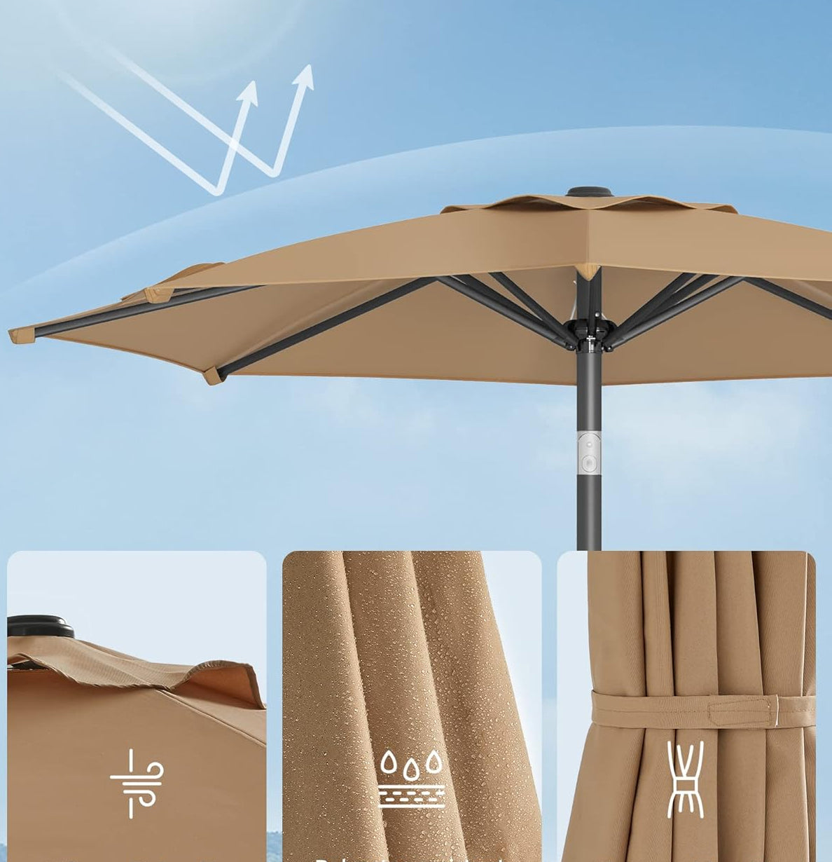 SONGMICS Umbrela de gradina 200 cm, inclinare dubla 30°, poliester UPF 50+, cadru metalic, maro taupe