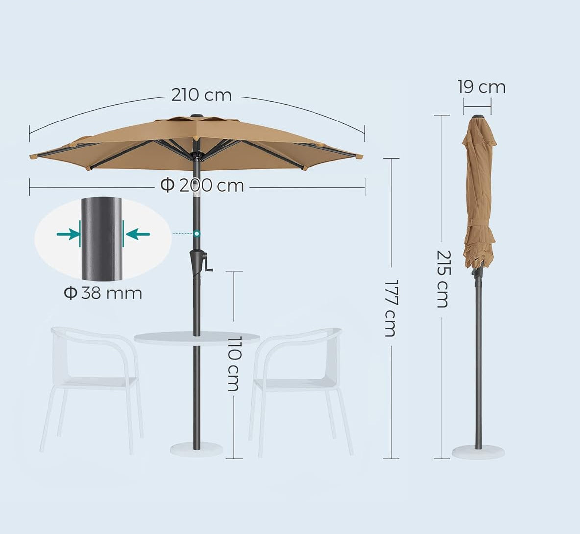 SONGMICS Umbrela de gradina 200 cm, inclinare dubla 30°, poliester UPF 50+, cadru metalic, maro taupe