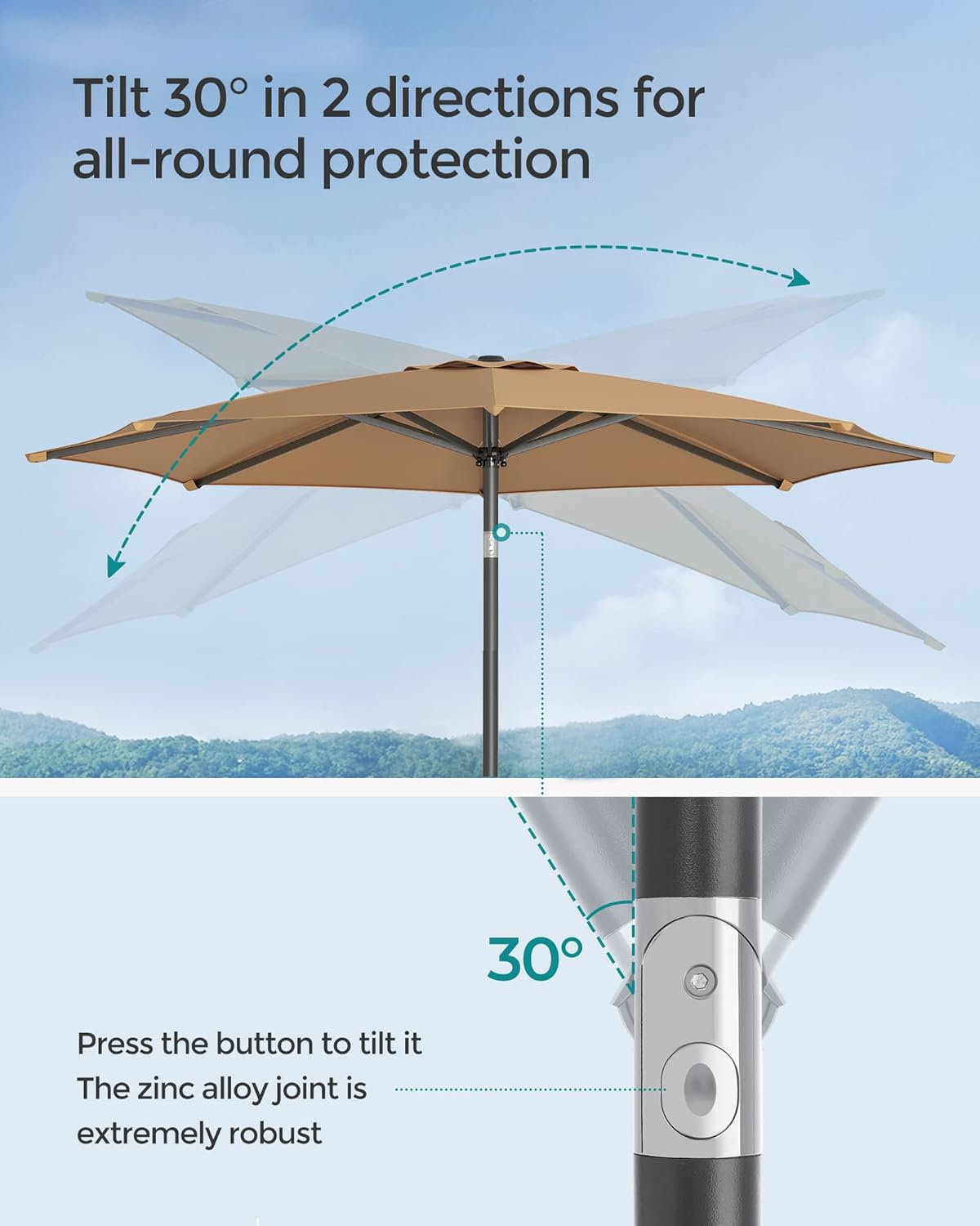 SONGMICS Umbrela de gradina, cu manivela pentru deschidere, sistem inclinare, 300cm, taupe
