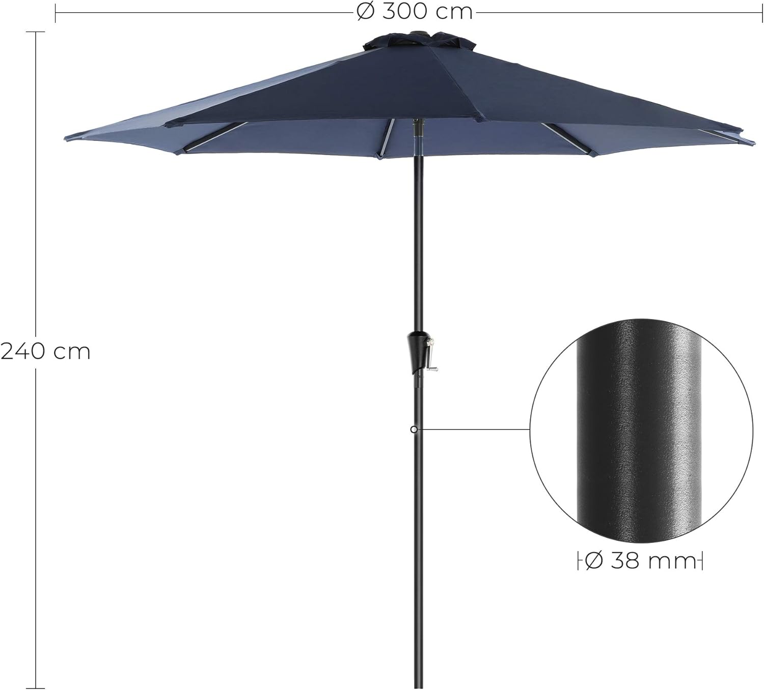 SONGMICS Umbrela de gradina, cu manivela pentru deschidere, sistem inclinare, 300cm, albastru inchis