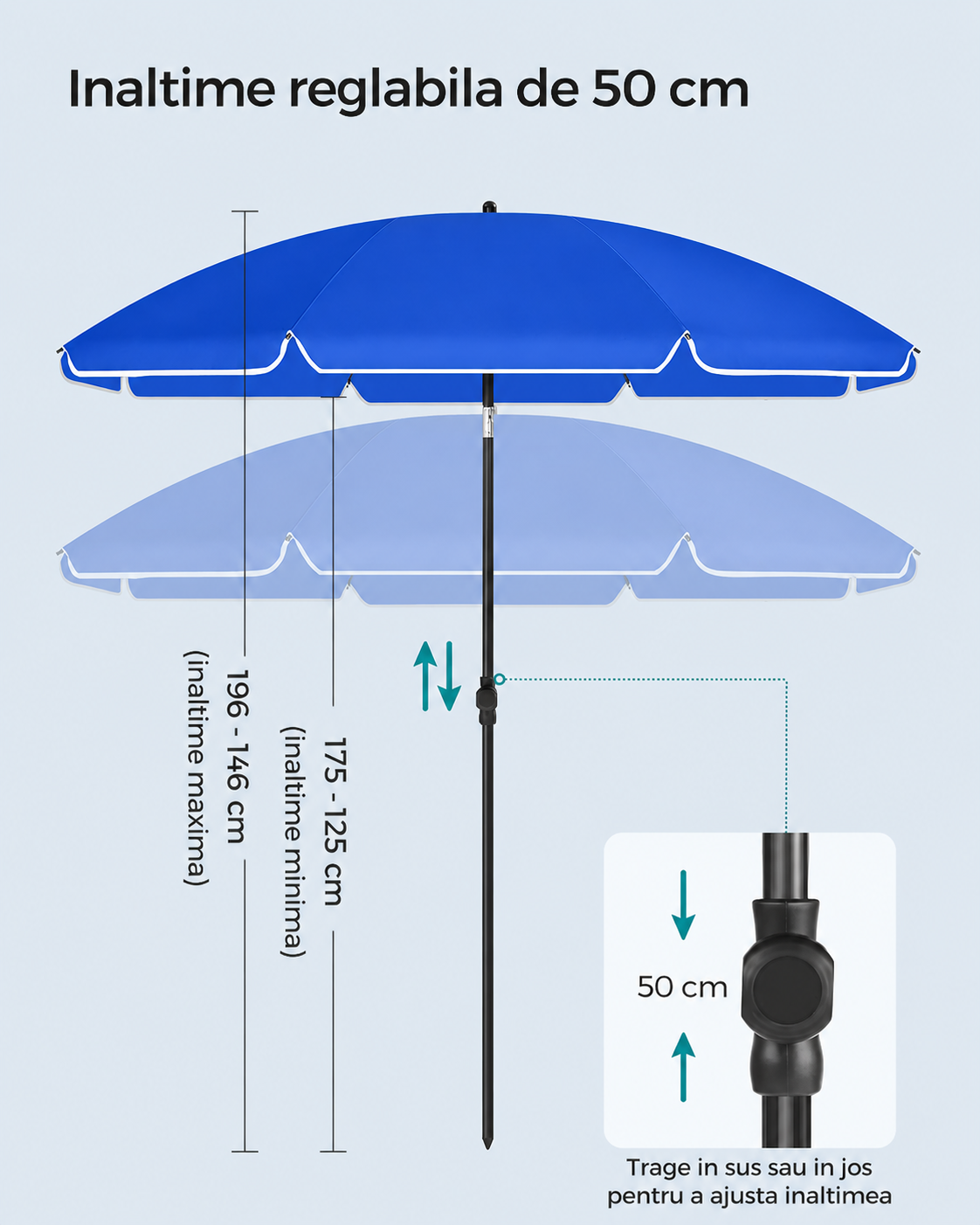 SONGMICS Umbrela terasa gradina sau plaja, cu inclinare, husa, diametru 160cm, albastru
