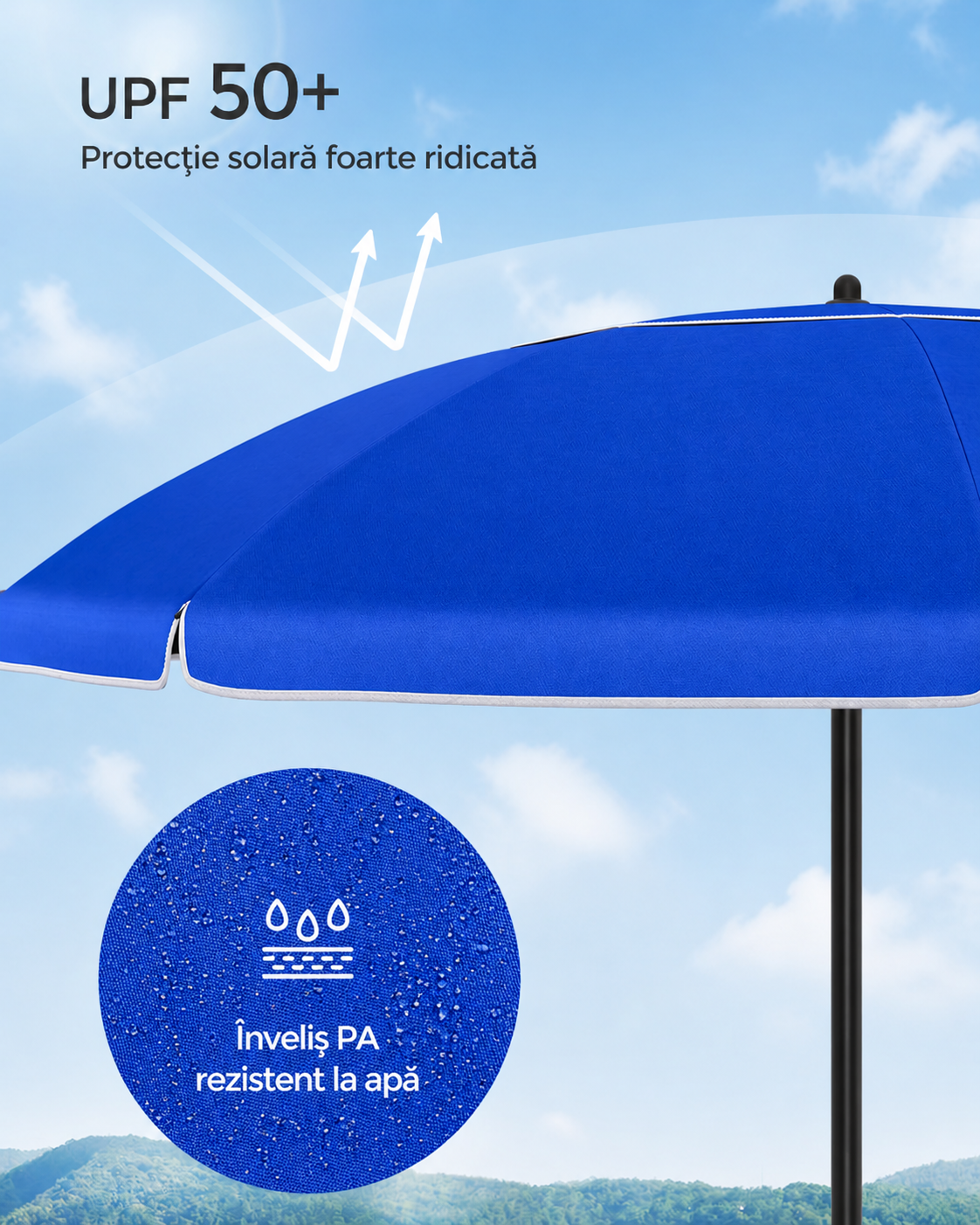 SONGMICS Umbrela terasa gradina sau plaja, cu inclinare, husa, diametru 160cm, albastru
