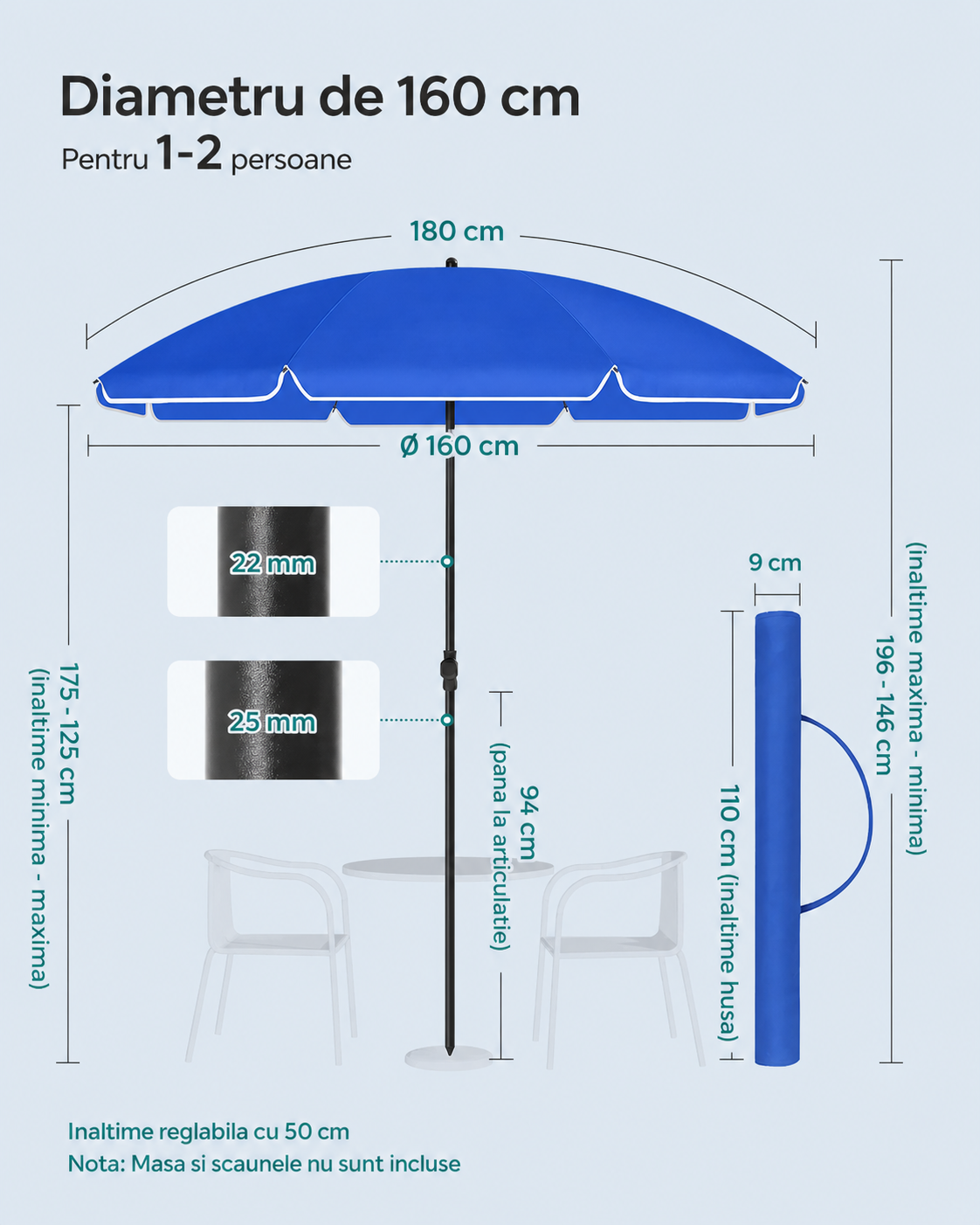 SONGMICS Umbrela terasa gradina sau plaja, cu inclinare, husa, diametru 160cm, albastru