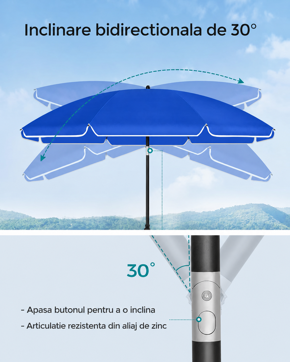 SONGMICS Umbrela terasa gradina sau plaja, cu inclinare, husa, diametru 160cm, albastru