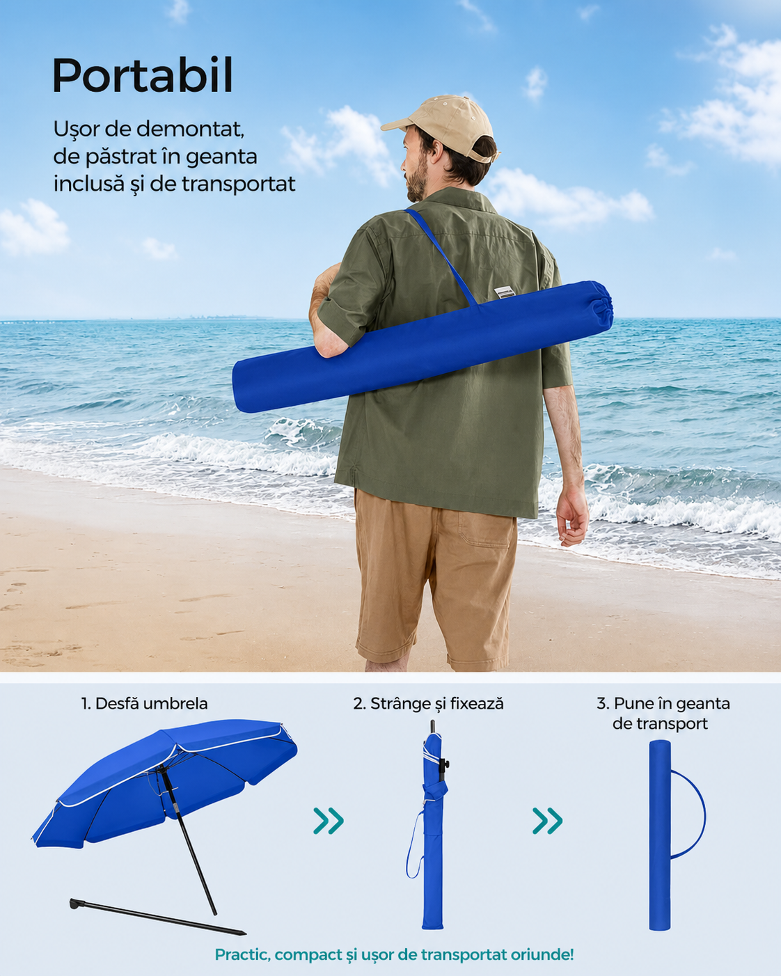 SONGMICS Umbrela terasa gradina sau plaja, cu inclinare, husa, diametru 160cm, albastru