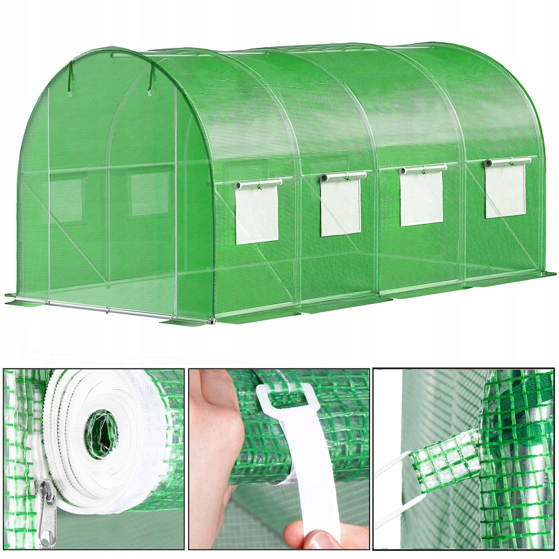 Folie pentru sera gradina 400x250x200 cm, 140 g/m², armata cu plasa, UV4, 9 ferestre, verde
