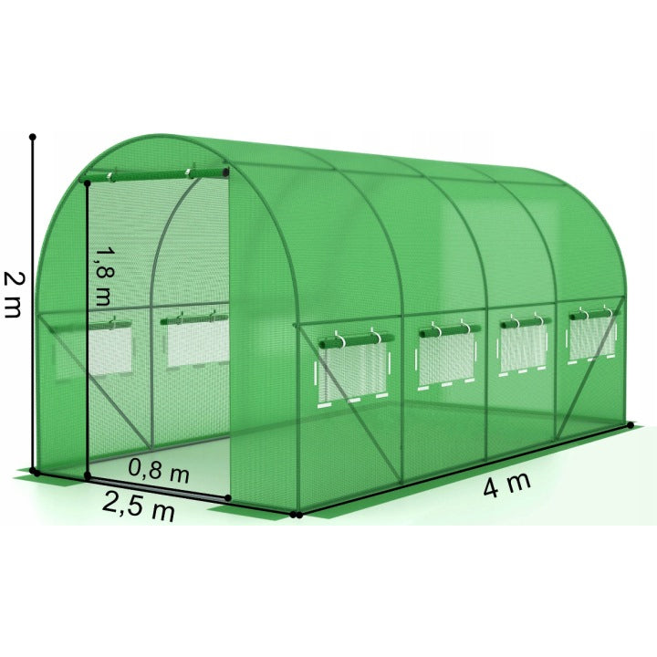 Folie pentru sera gradina 400x250x200 cm, 140 g/m², armata cu plasa, UV4, 9 ferestre, verde