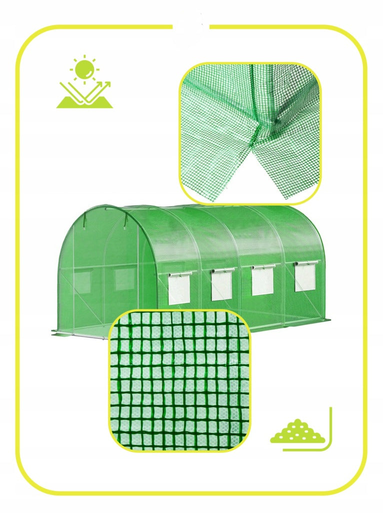 Folie pentru sera gradina 400x250x200 cm, 140 g/m², armata cu plasa, UV4, 9 ferestre, verde