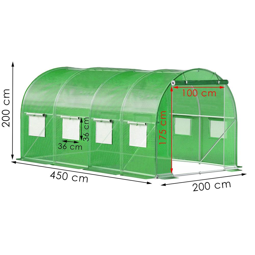 Folie pentru sera gradina 450x200x200 cm, 140 g/m², armata cu plasa, UV4, 9 ferestre, verde