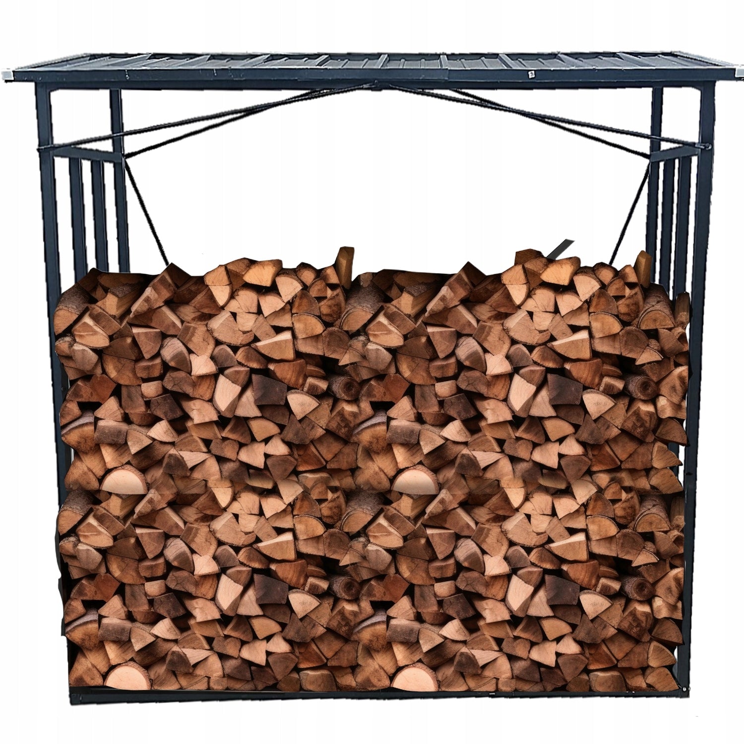 Suport depozitare lemne de foc cu acoperis ondulat, structura metalica, 185x70x185 cm, negru