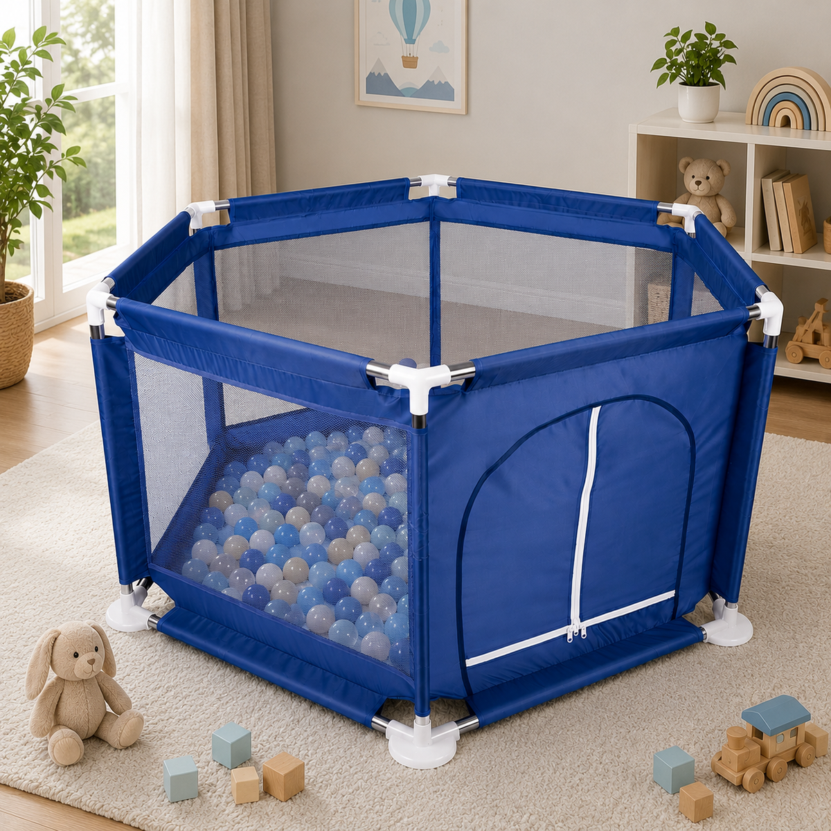 Tarc loc de joaca pentru copii sau bebe, material textil, albastru, 130x60cm - BazarOltenia imagine 4