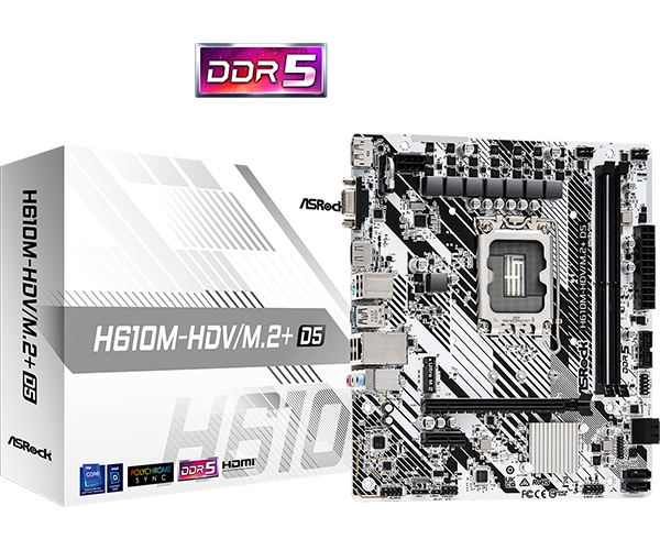 Placa de baza AsRock "H610M-HDV/M.2+ D5", skt. LGA 1700, chipset Intel H610, mATX, 2 x DDR5 max. 96 GB, USB 3.2 gen 1, 4 x SATA, 1 x M.2, PCIe 4.0, HDMI, DisplayPort, VGA, "H610M-HDV/M.2+ D5"