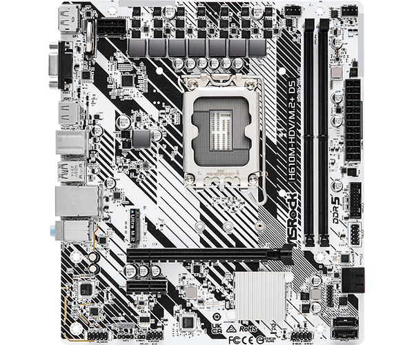 Placa de baza AsRock "H610M-HDV/M.2+ D5", skt. LGA 1700, chipset Intel H610, mATX, 2 x DDR5 max. 96 GB, USB 3.2 gen 1, 4 x SATA, 1 x M.2, PCIe 4.0, HDMI, DisplayPort, VGA, "H610M-HDV/M.2+ D5"