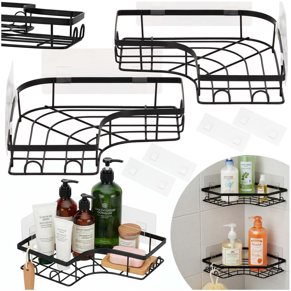 Set 2 polite de colt pentru dus, metalice cu montaj autoadeziv, inox, negru