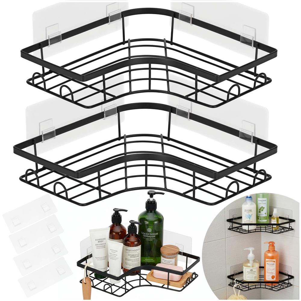 Set 2 polite de colt pentru dus, metalice cu montaj autoadeziv, inox, negru