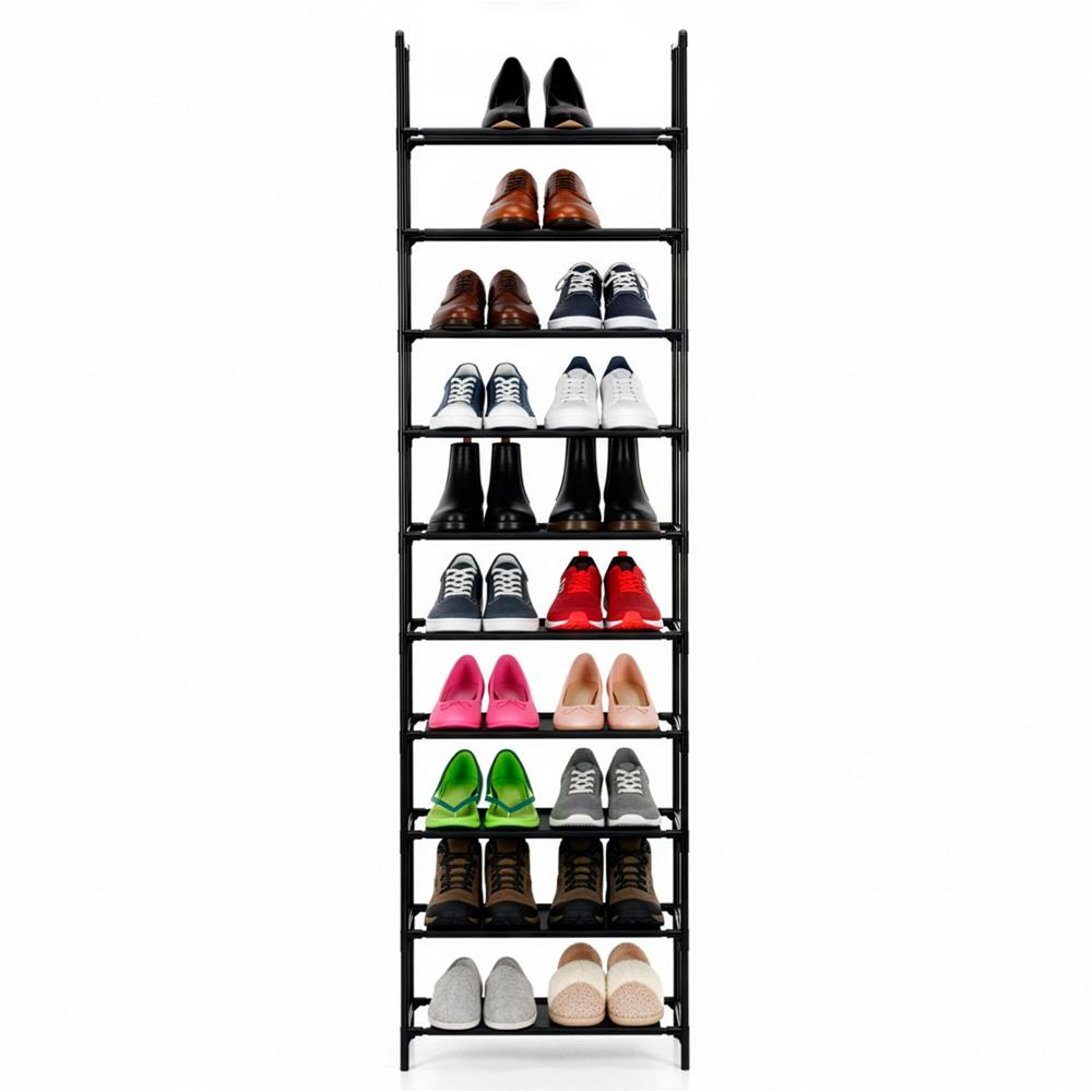 Raft pantofi inalt cu 10 polite, structura metalica si rafturi textile, 45x28x178 cm, negru