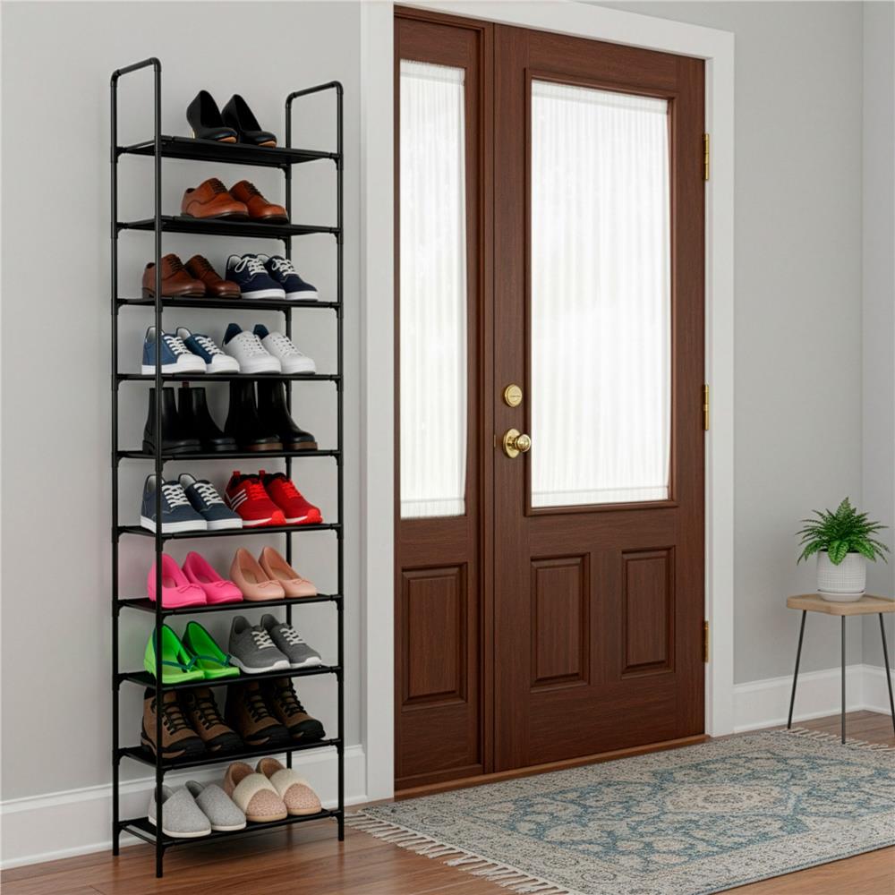 Raft pantofi inalt cu 10 polite, structura metalica si rafturi textile, 45x28x178 cm, negru