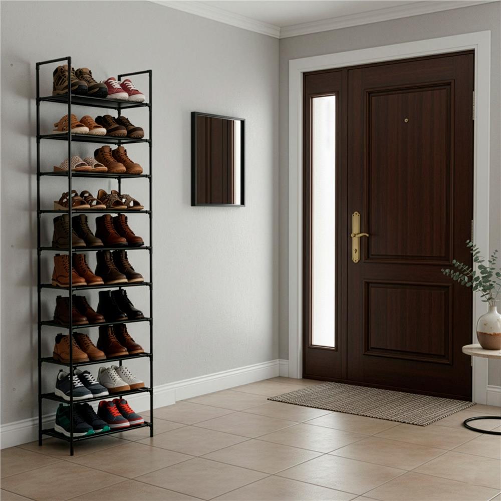 Raft pantofi inalt cu 10 polite, structura metalica si rafturi textile, 45x28x178 cm, negru