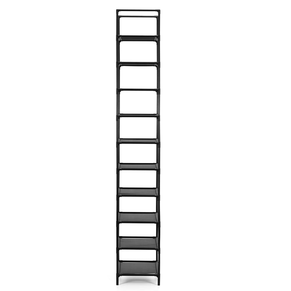 Raft pantofi inalt cu 10 polite, structura metalica si rafturi textile, 45x28x178 cm, negru